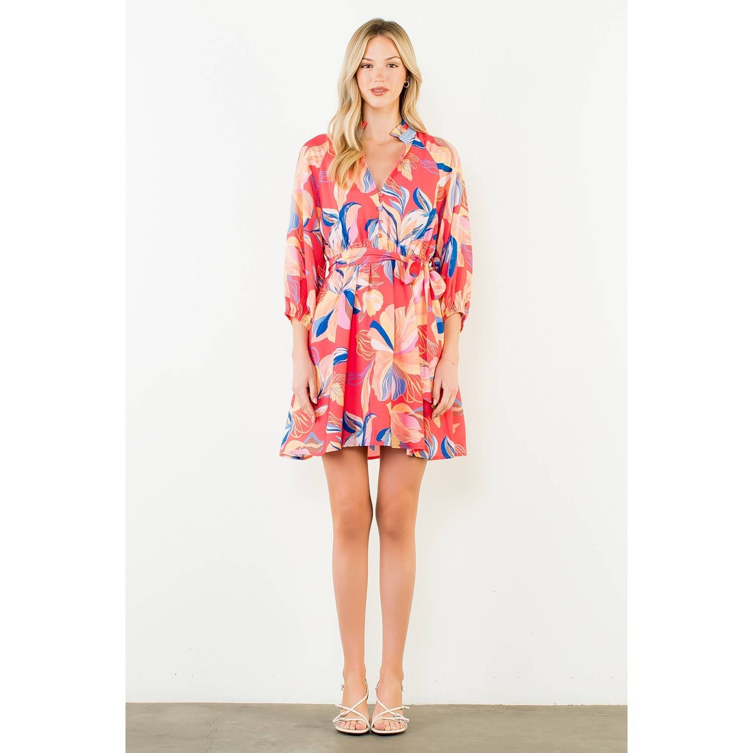 Floral Pattern Button Down V-Neck Dress
