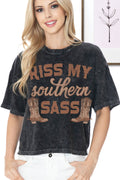 Women Southern Graphic Print Mineral Wash Crop Top