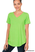 0827 Stripe Short Sleeve V Neck Round Hem Top SI-23252