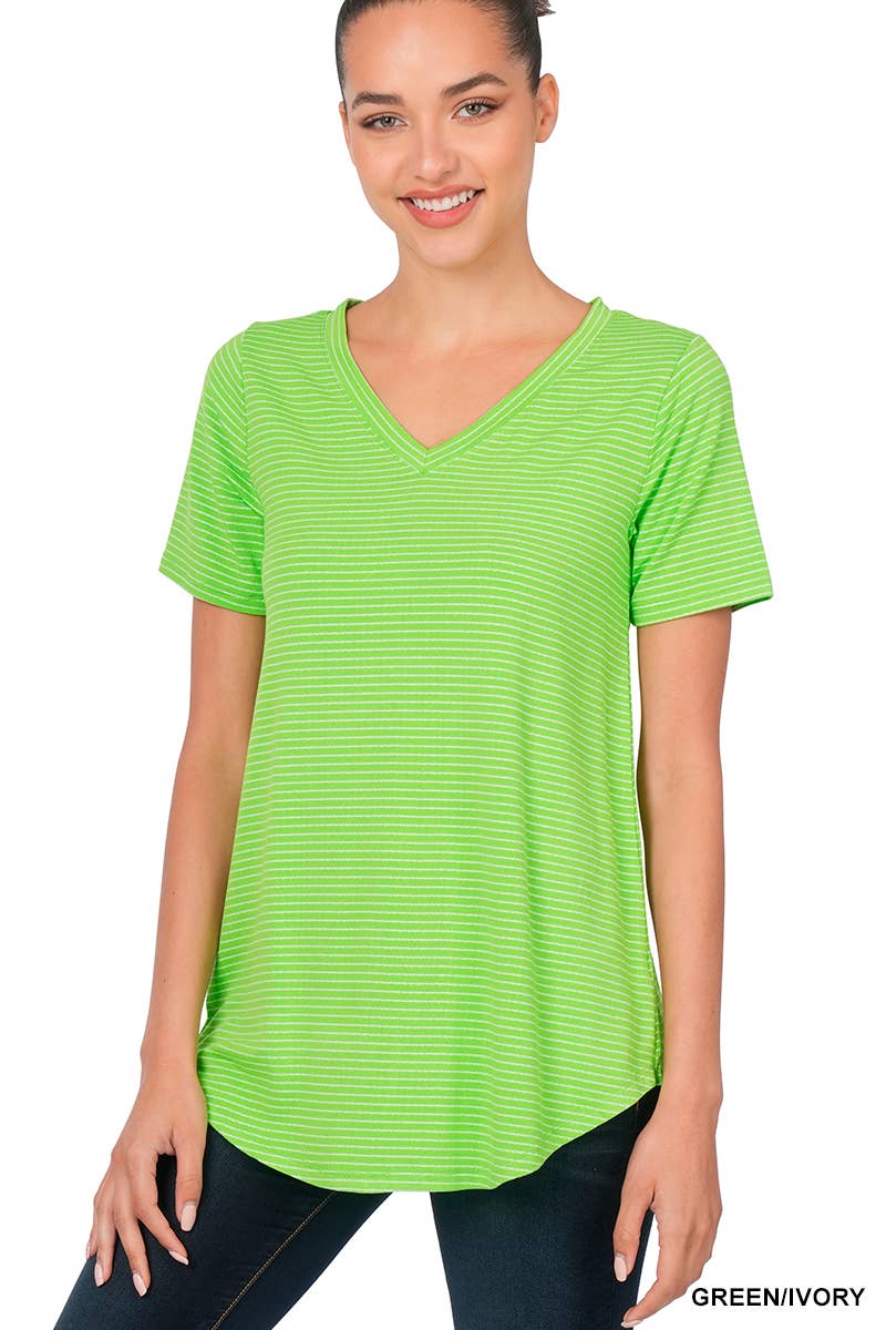 0827 Stripe Short Sleeve V Neck Round Hem Top SI-23252