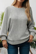 Ribbed Knit Round Neck Long Lantern Sleeve Top (S-Xl)