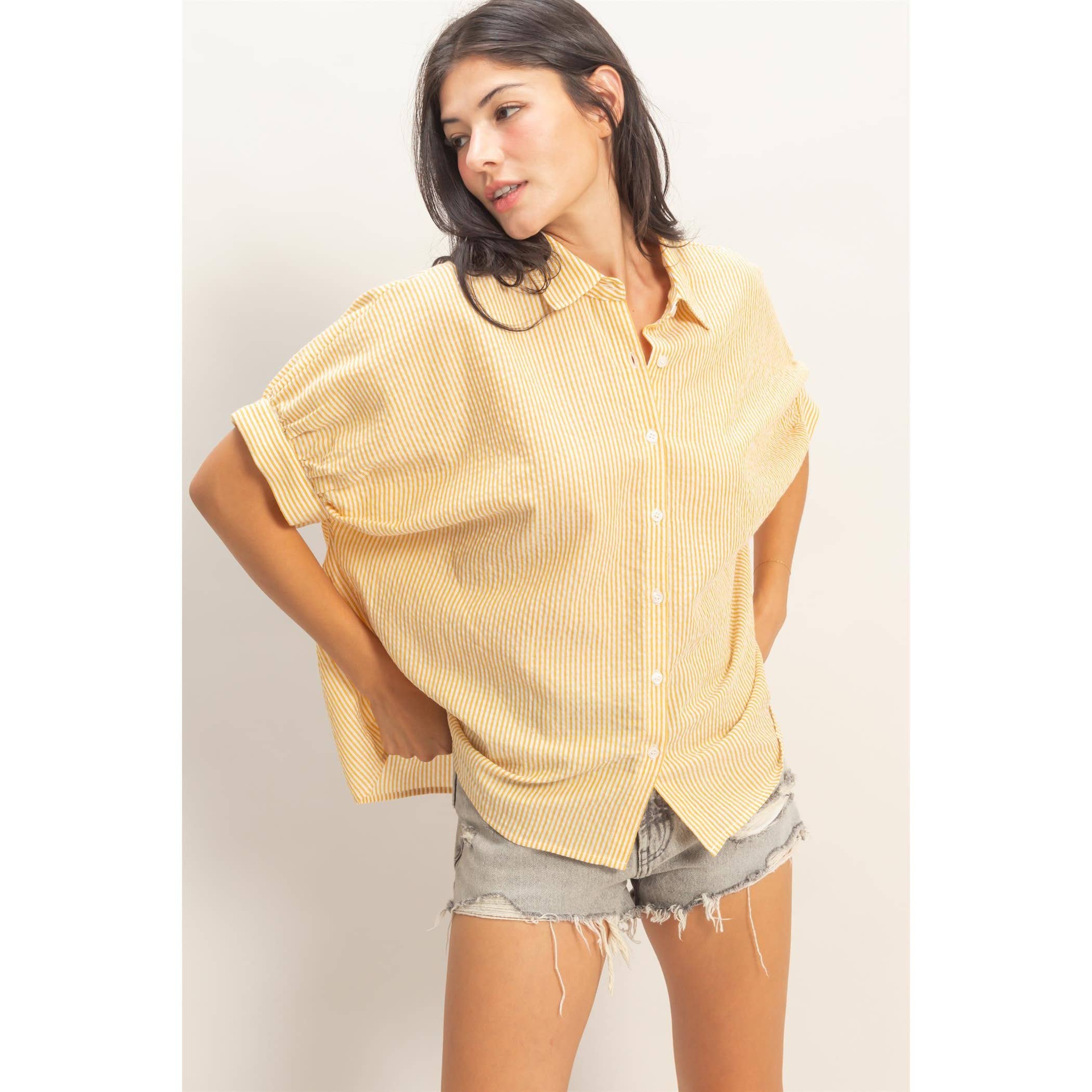 Striped Short Sleeve Button-Front Blouse