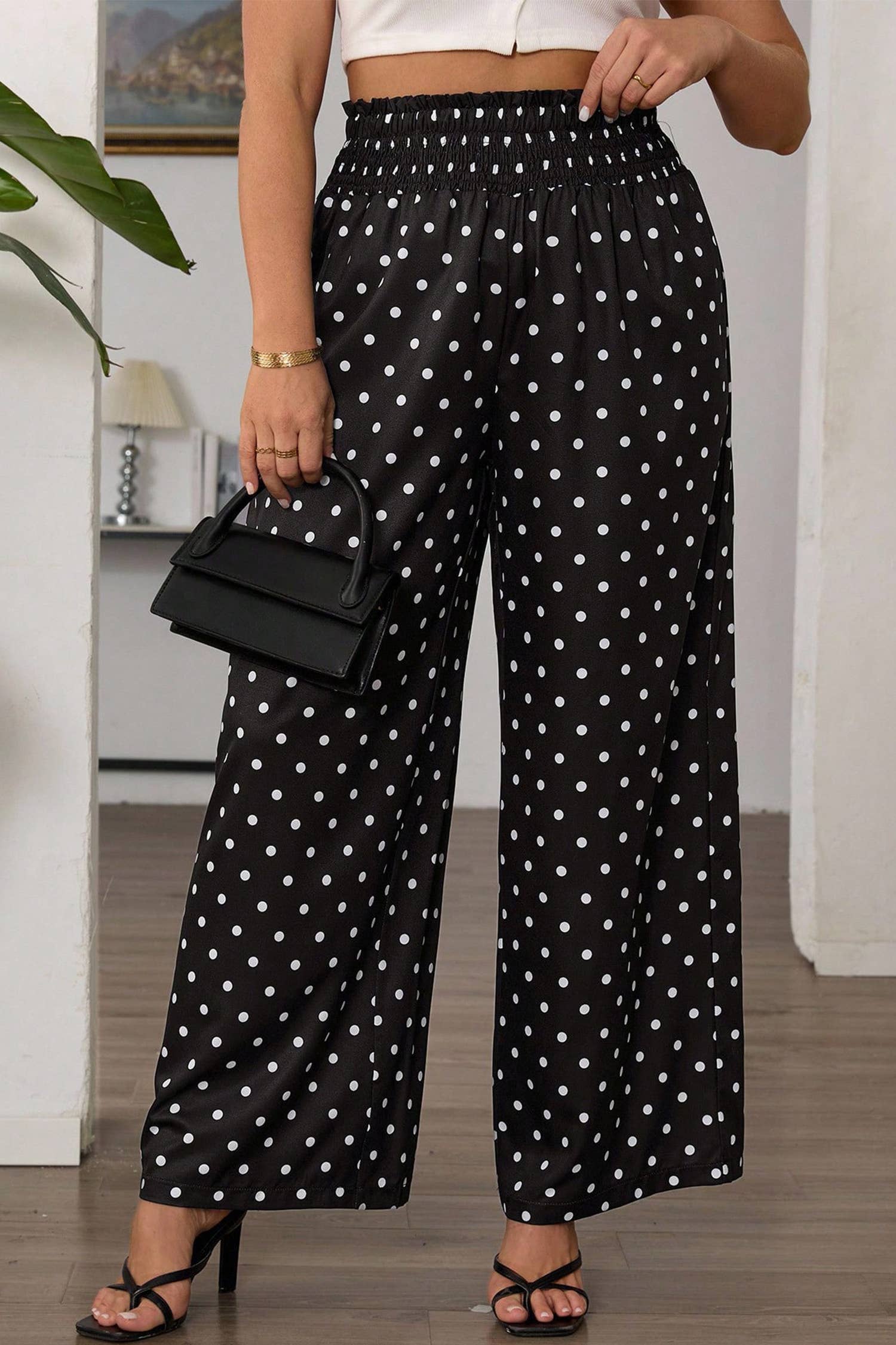 Plus Size Polka Dot Smocked High Waist Wide Leg Pants