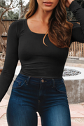 Solid Color Long Sleeve Round Neck Fitted Top (S-Xl)