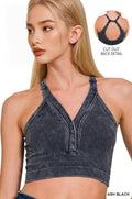 `.Washed Seamless Rib Snap Button Crop Tank