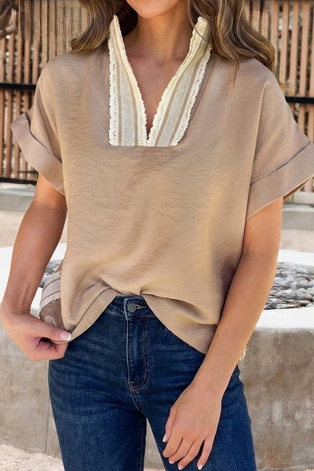 Crochet Lace Accent Pullover Rolled Short Sleeve Top (S-Xl)
