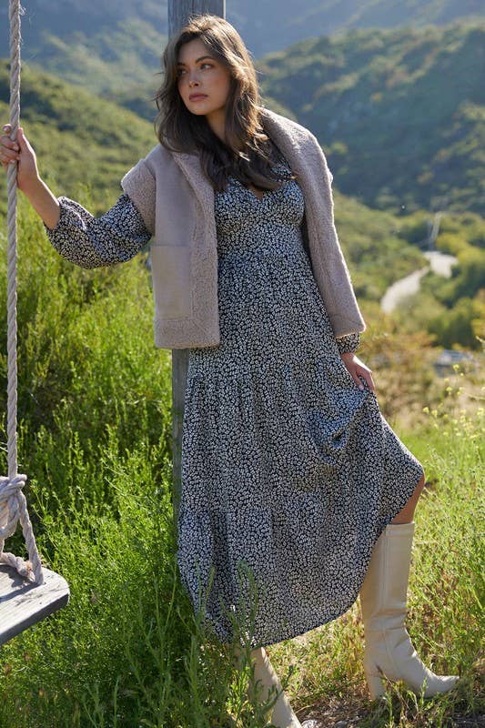 Printed V-Neck Ruffled Maxi Dress: