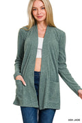 ....SI-25011 Heather Ribbed Sweater Open Front Two Pockets Cardi