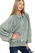 ...Washed Fleece Button Up Collared Pullover SI-26133