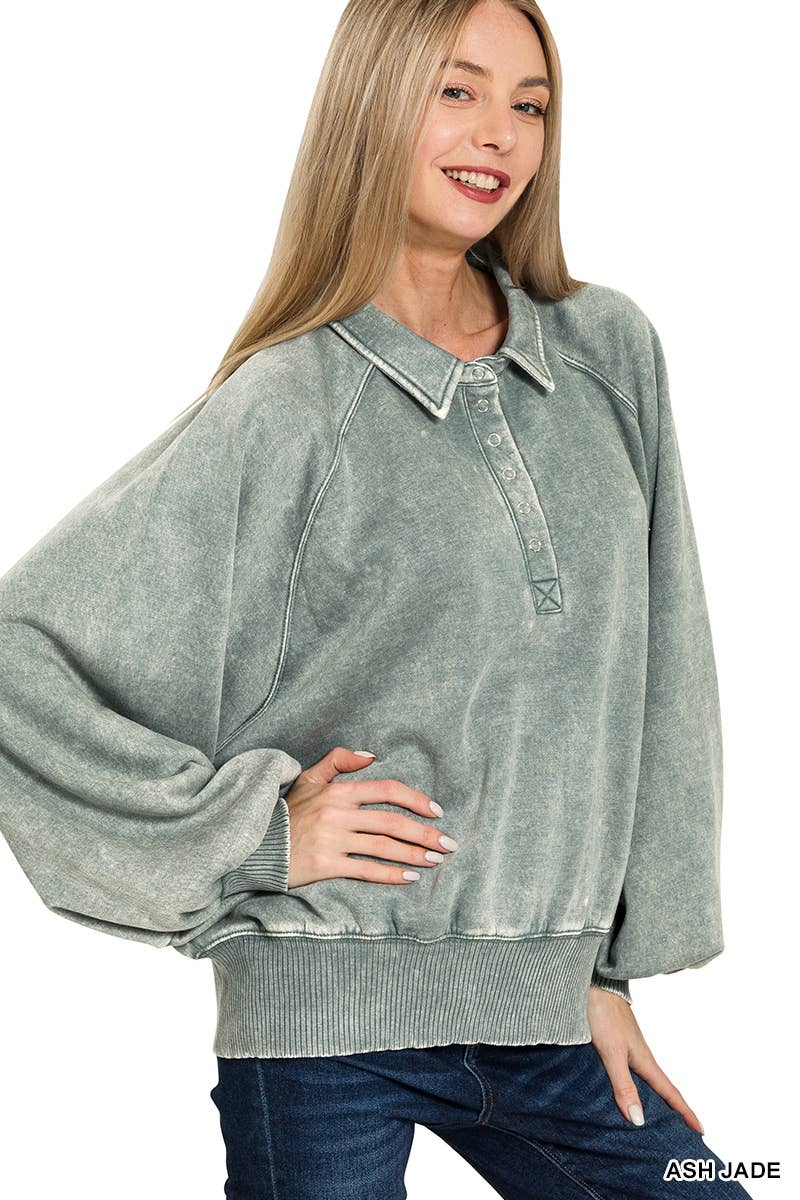 ...Washed Fleece Button Up Collared Pullover SI-26133