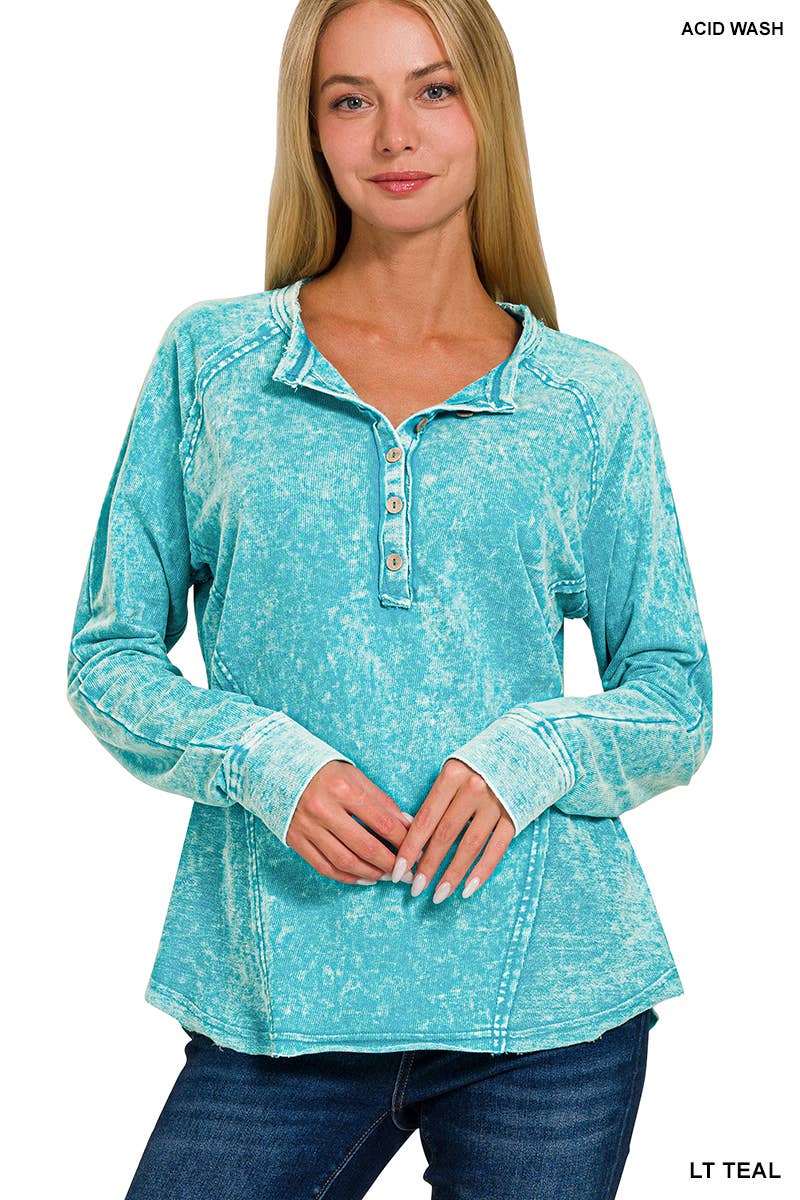 .....SI-25433 Washed F/Terry Button Henley Raglan Top W\ Back Pat