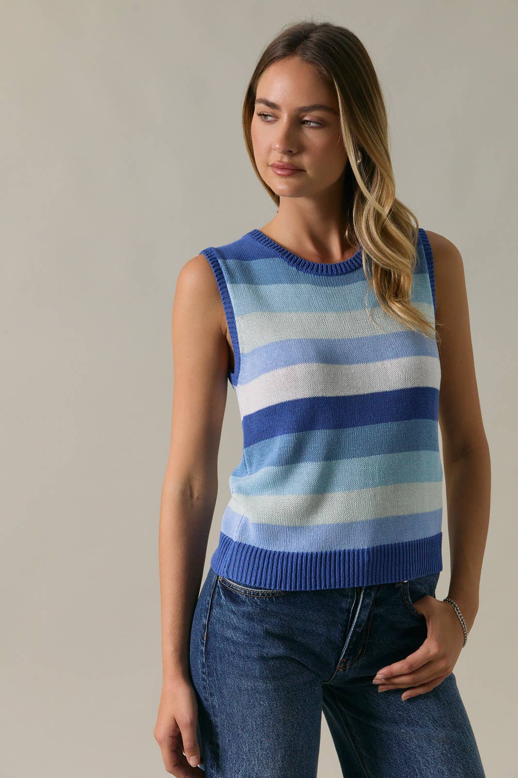 Round Neck Sleeveless Stripe Knit Tank Top