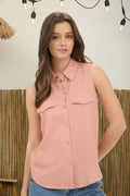 Collared Button Down Sleeveless Shirt