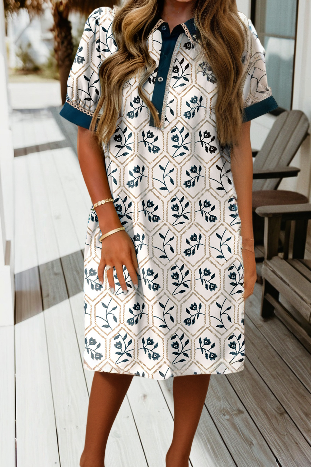Geometric Floral Print Lace Trim Collared Mini Dress (S-Xl)