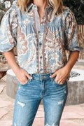 Boho Floral Print Button Down Short Sleeve Shirt (S-Xl)