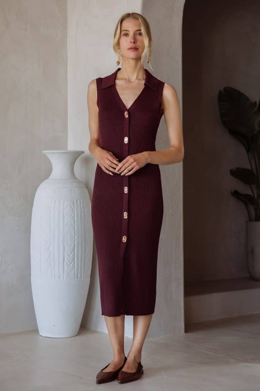 Sleeveless Midi Dress with Gold Twist Lock Buttons