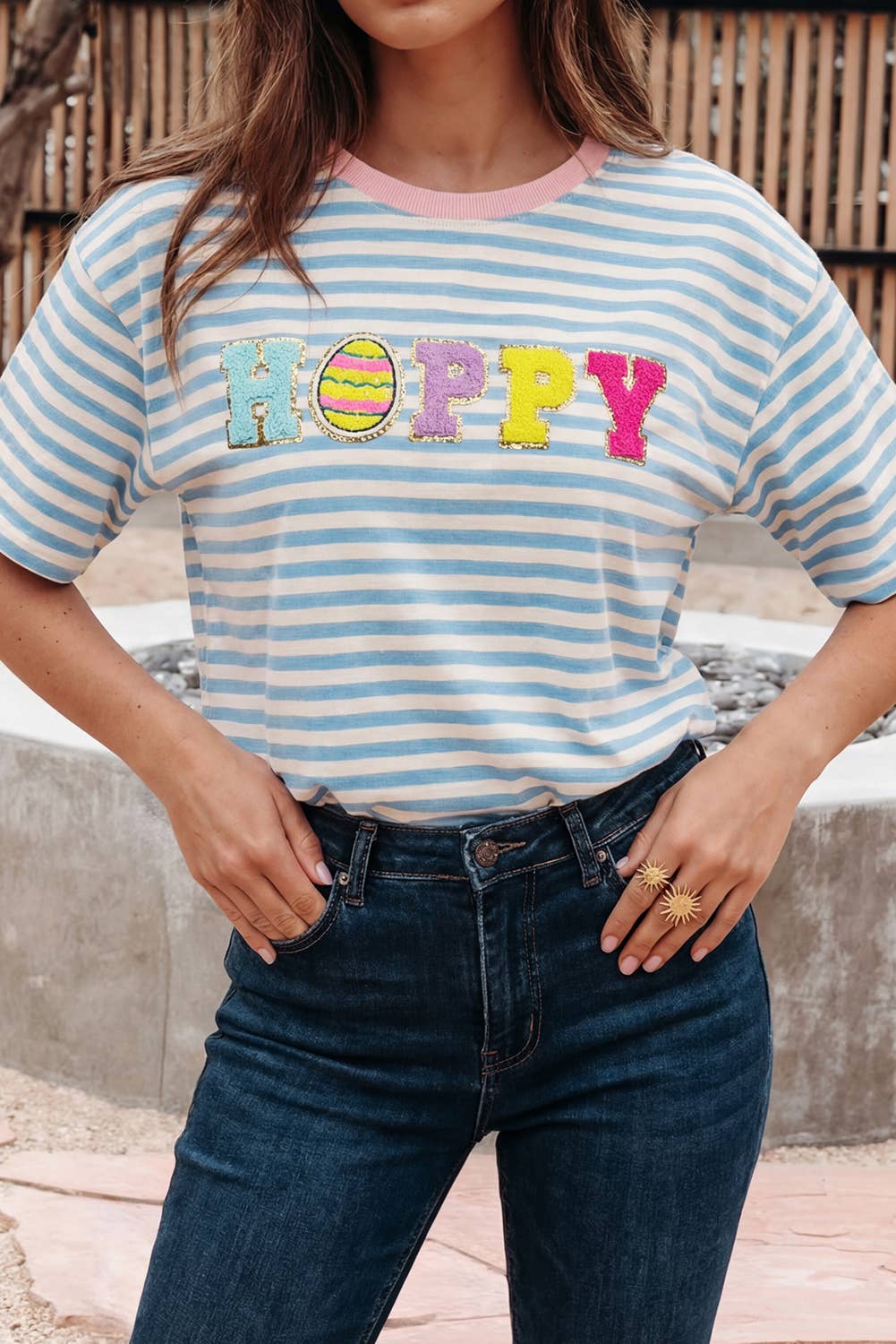 Stripe Hoppy Chenille Easter Graphic Crew Neck Tee (S-Xl)