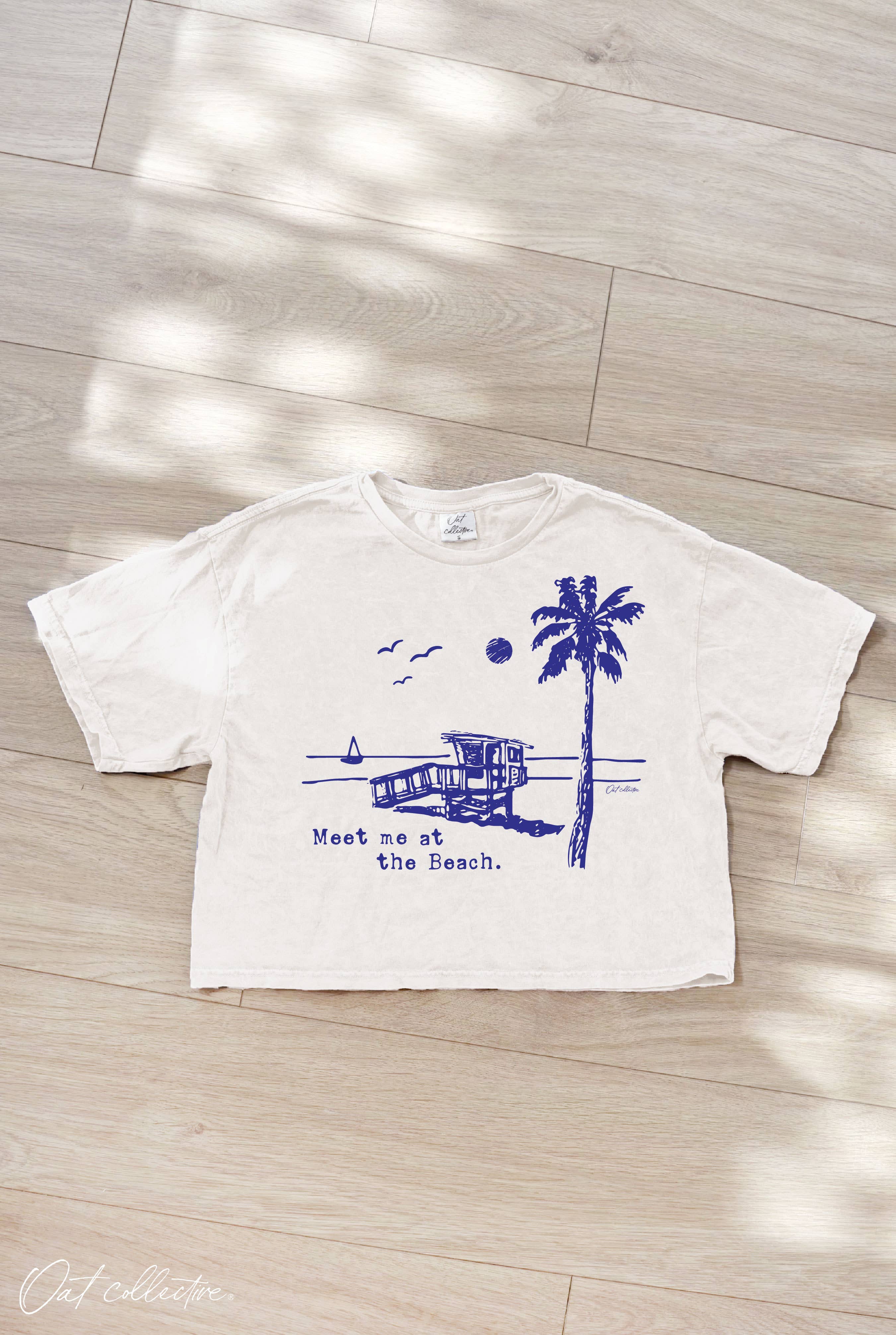 Meet Me At the Beach Cropped Mineral Washed Graphic Top
