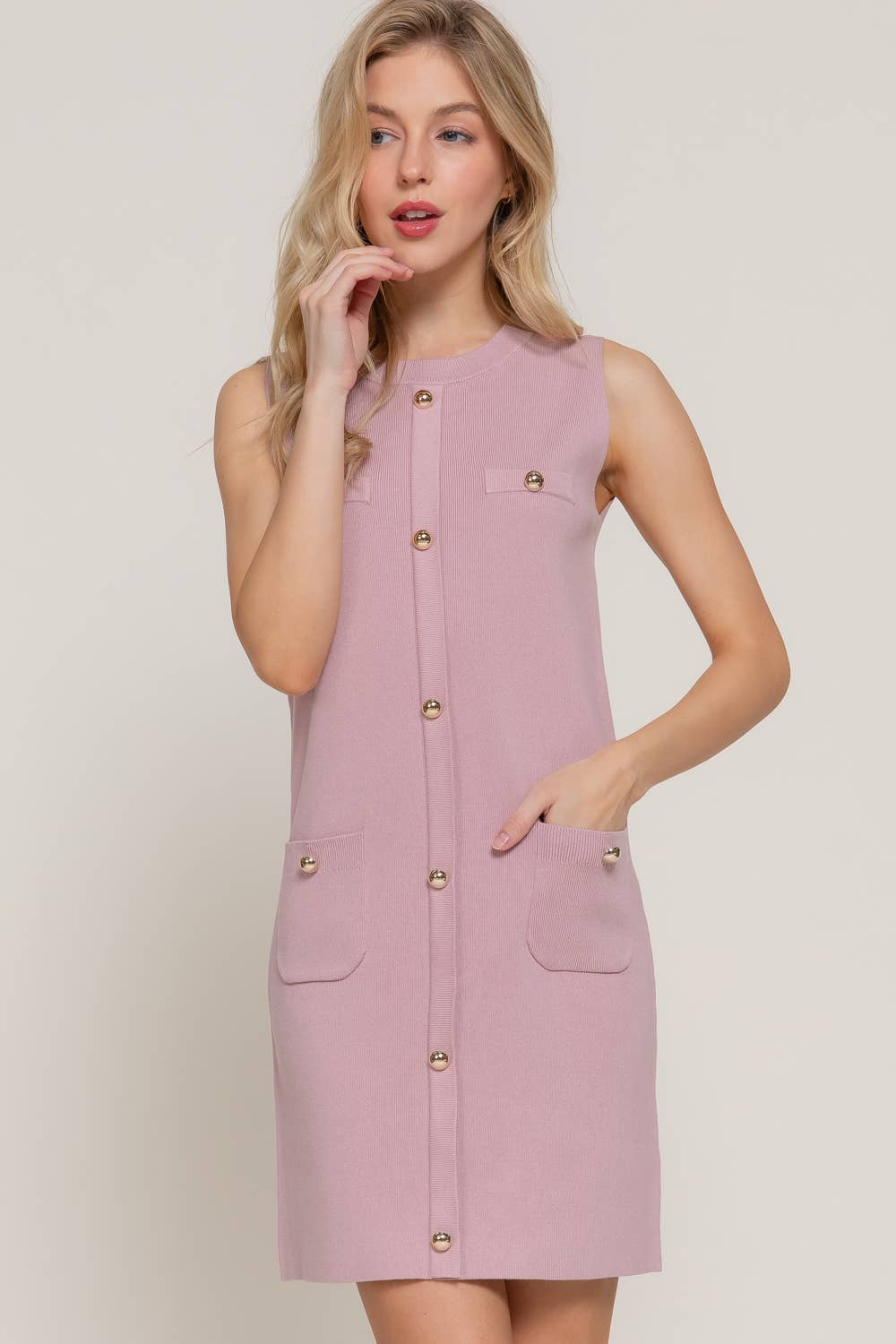 ..SI-27667 Sleeveless Button Front Mini Dress w/ Pockets