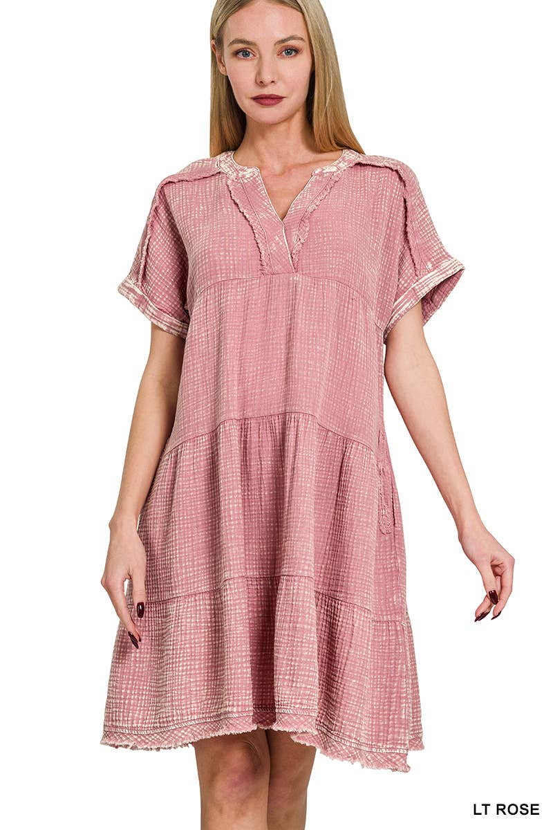 .0628 Washed Double Gauze Raw Edge V Neck Dress w/ Pockets SI-2745