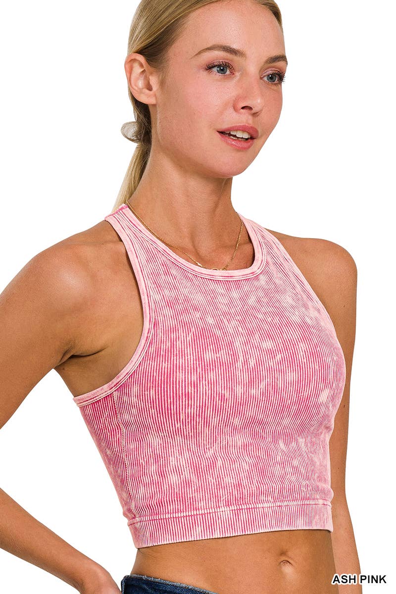 ...High-Neck Washed Seamless Crop Tank