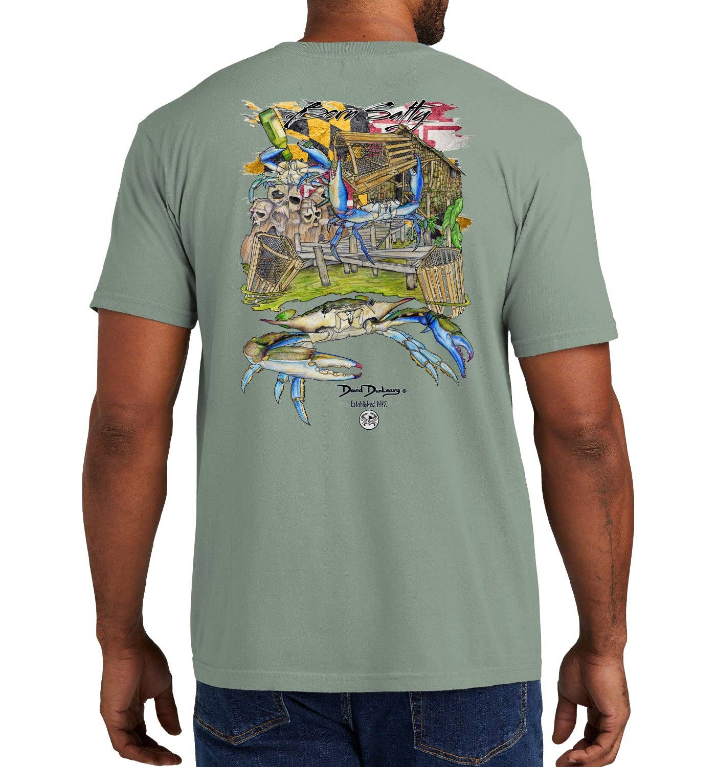 Men's Born Salty Maryland Blue Crab Short Sleeve Garment Dyed Bay Pocket T-Shirt