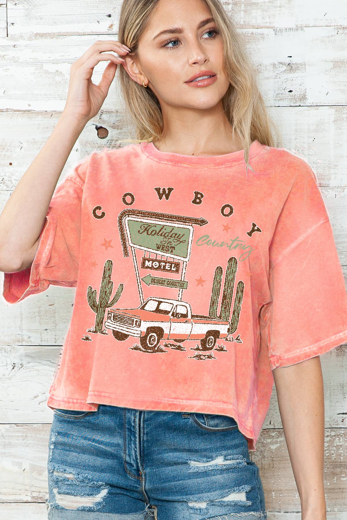 Women Country Graphic Print Mineral Wash Crop Top