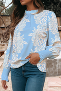 Ruffled Collar Mock Neck Puff Sleeve Floral Blouse (S-Xl)