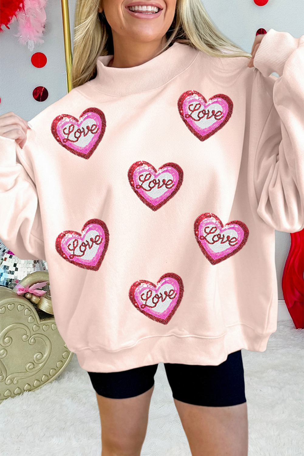 Sequin Love Heart Patched Mock Neck Sweatshirt (S-Xl)