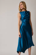 Cowl Neck Sleeveless Bias Satin Slented Midi Dress