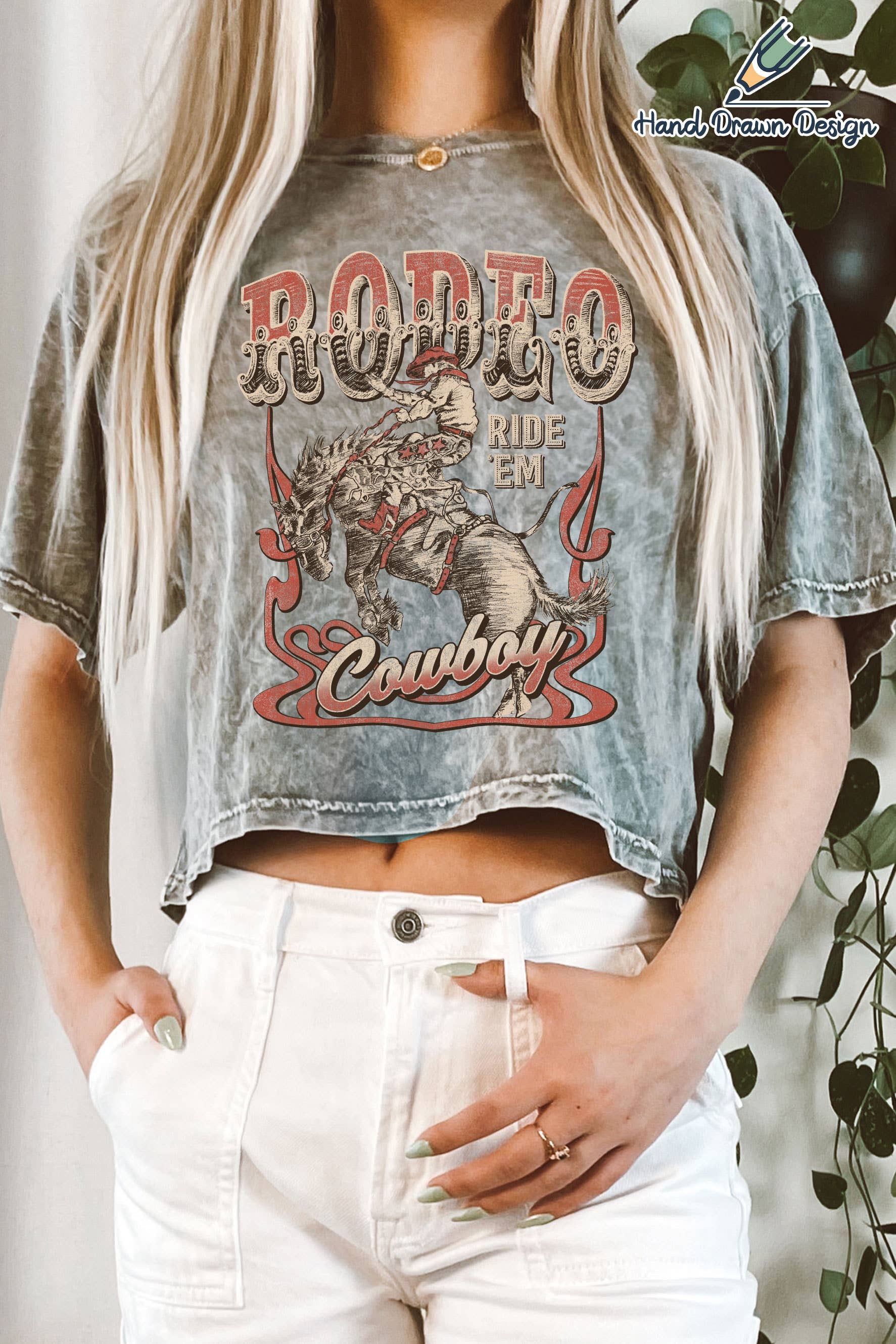 Rodeo Cowboy Hand Drawn Graphic Mineral Long Crop Top