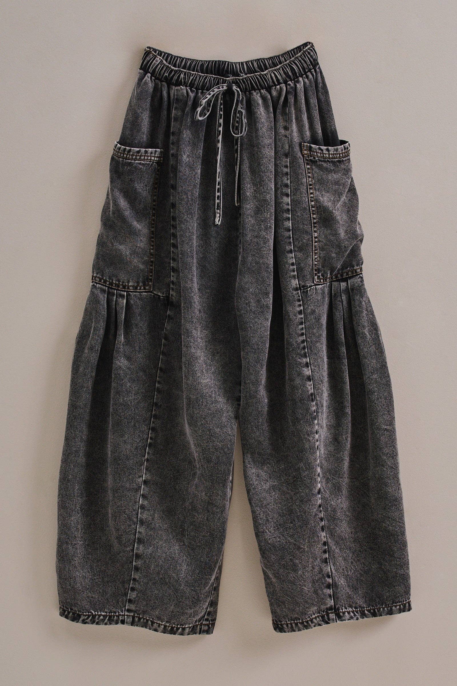 Washed Denim Utility Wide Leg Pants with Cargo Pockets