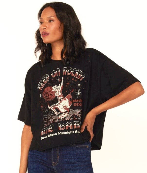 Keep On Rockin Me Baby 1980's Oversized Distressed Cropped T Shirt.Jpg