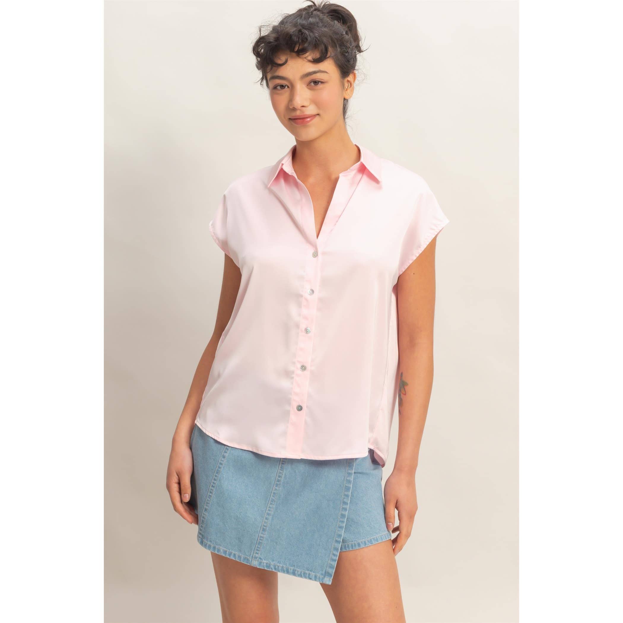 Sleeveless Satin Button-Up Blouse
