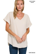 .....SI-15945 Woven Heavy Dobby Rolled Sleeve V-Neck Top