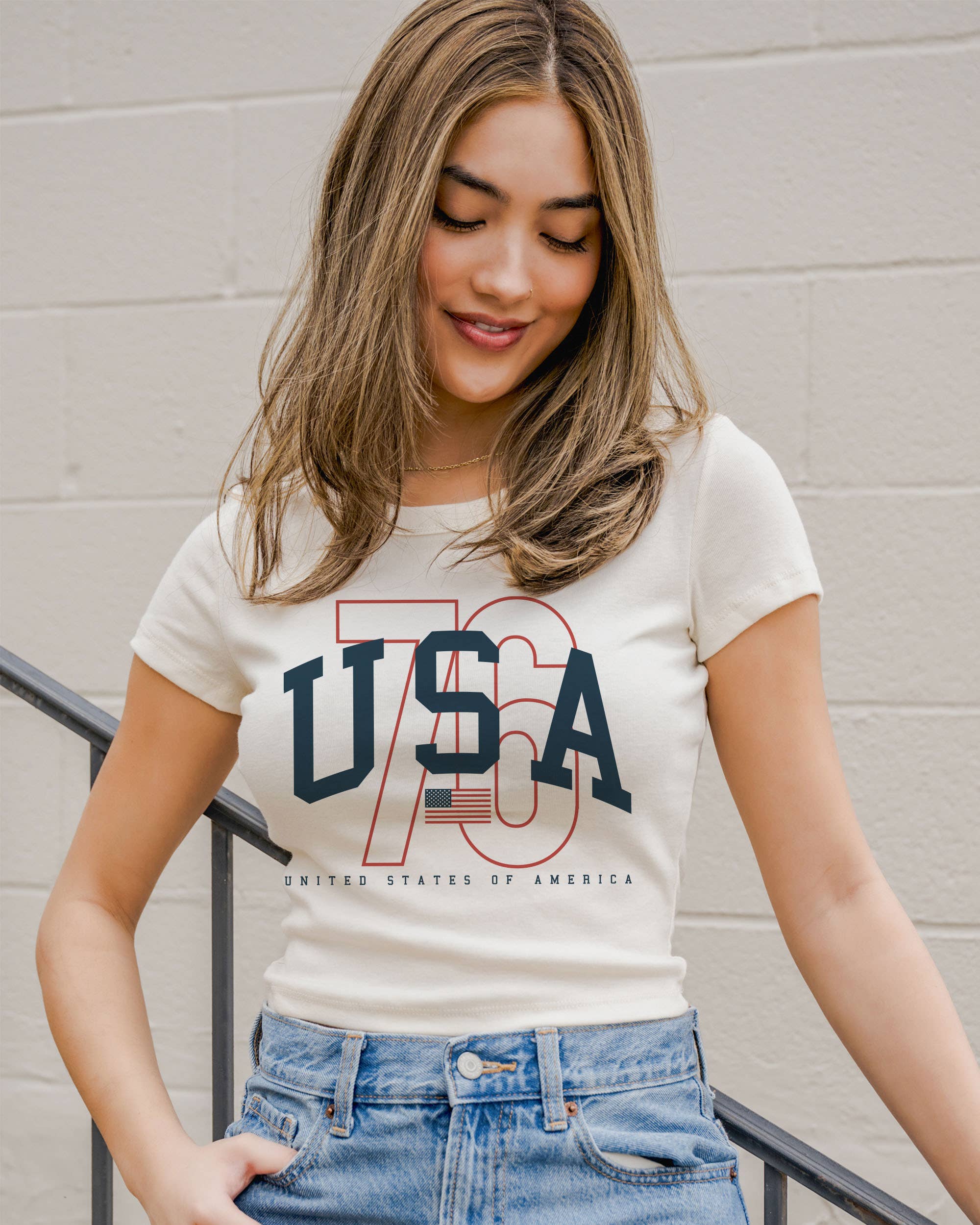 4th of July America USA '76 Off White Micro Cropped Tee