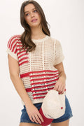 Multi Stripe Short Sleeve Sheer Crochet Knit Top