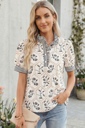 Floral Print Striped Button Neck Short Sleeve Blouse (S-Xl)