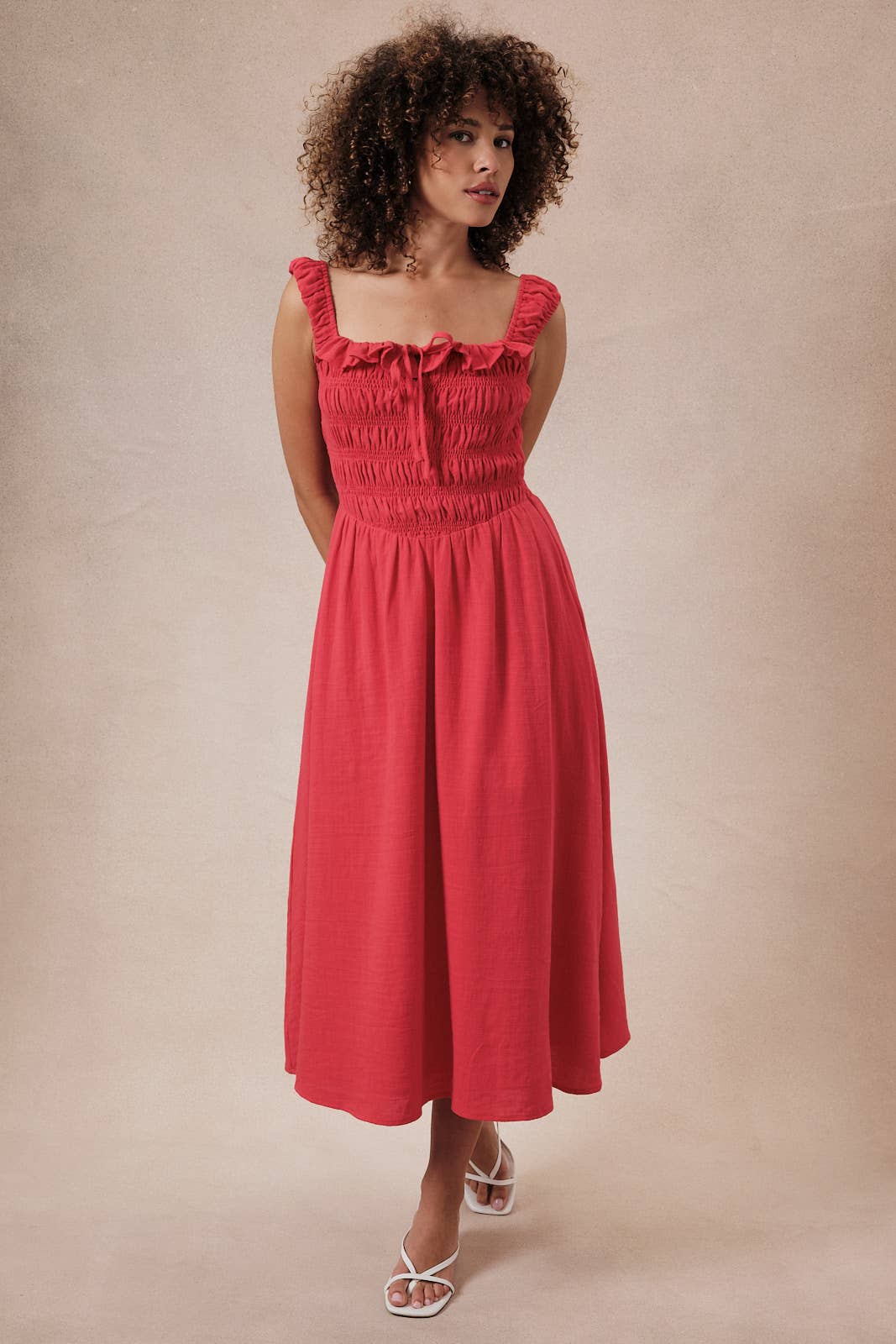 Sleevless Smocked Top Fit & Flare Midi Dress