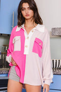 T1578-2A Colorblock Ribbed Oversized Button Up Tunic Top
