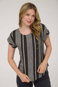 Stripe Side Button Down Short Cuff Sleeve Top