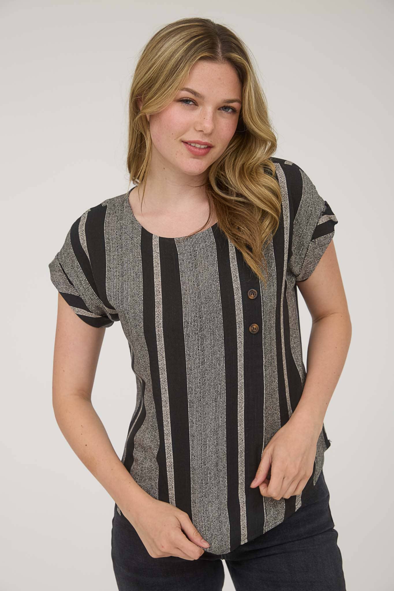 Stripe Side Button Down Short Cuff Sleeve Top