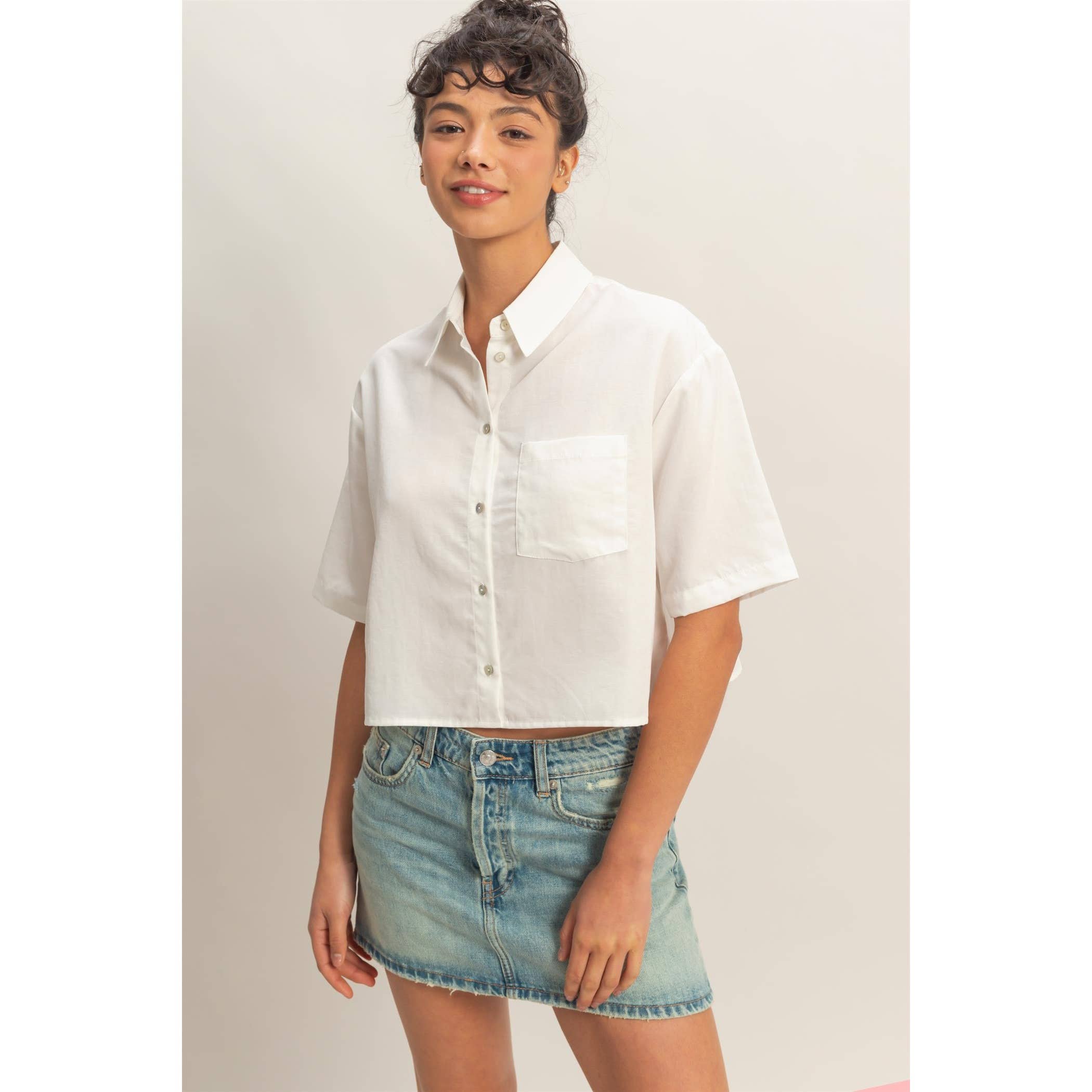 Linen Blend Cropped Button-Up Shirt with Pocket