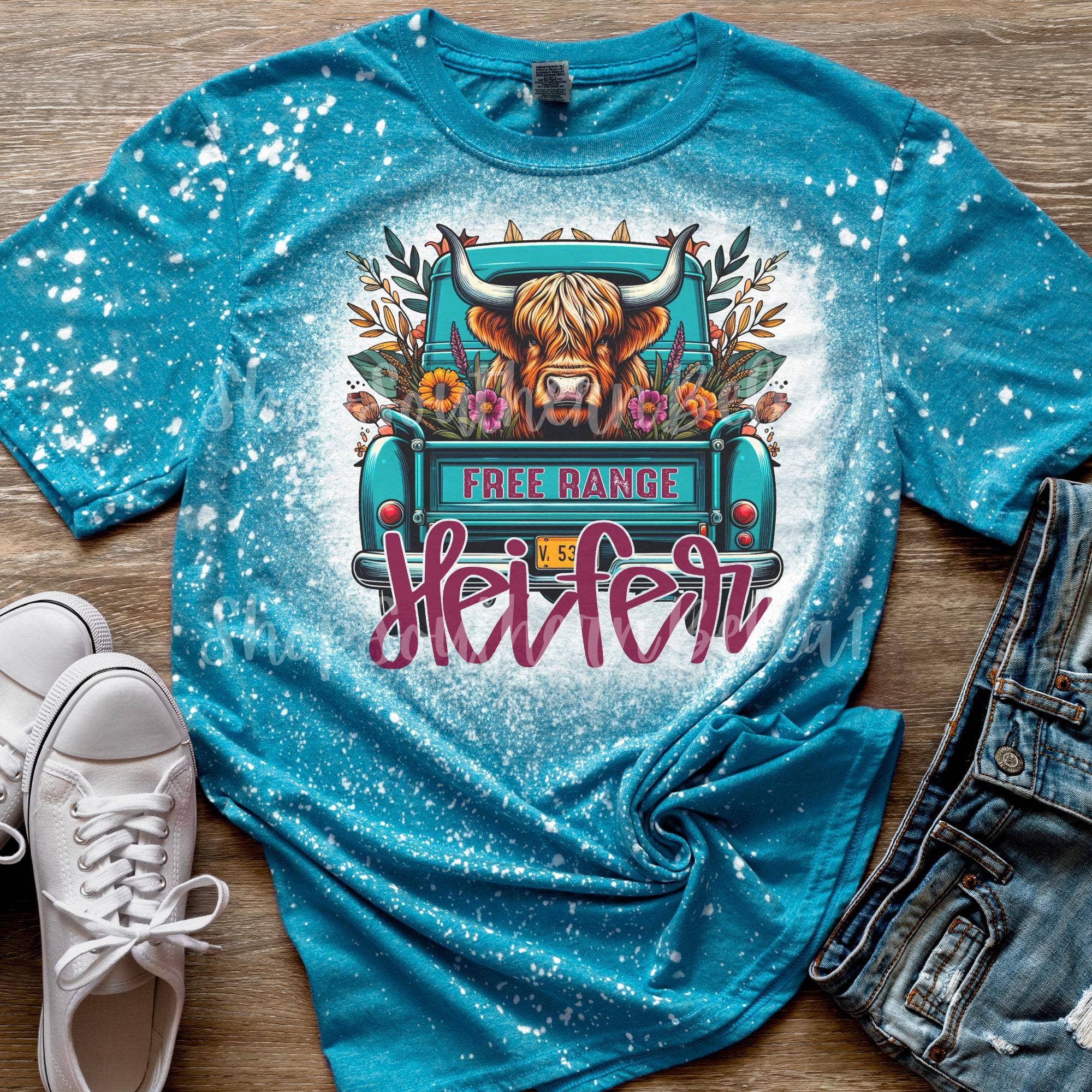 Highland Cow Free Range Heifer Coffee Unisex Bleached Tee