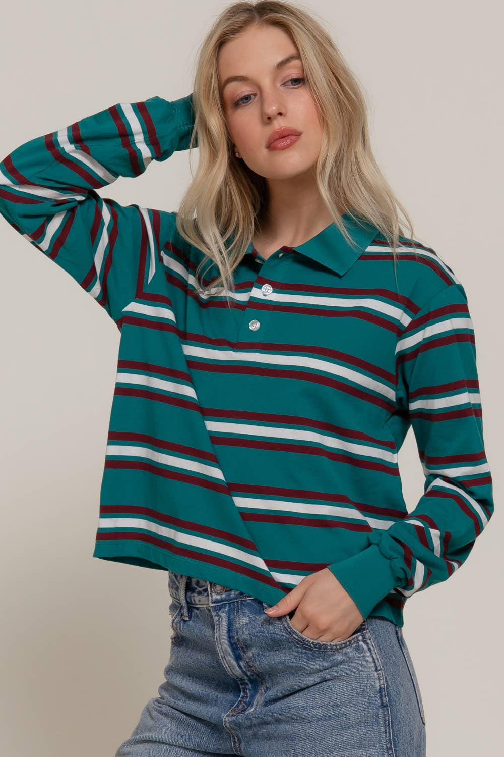 1007 Long Sleeve Multi Stripe Polo Top SI-28883