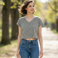 0227 Soft Melange V Neck Drop Shoulder Cropped Top SI-27319