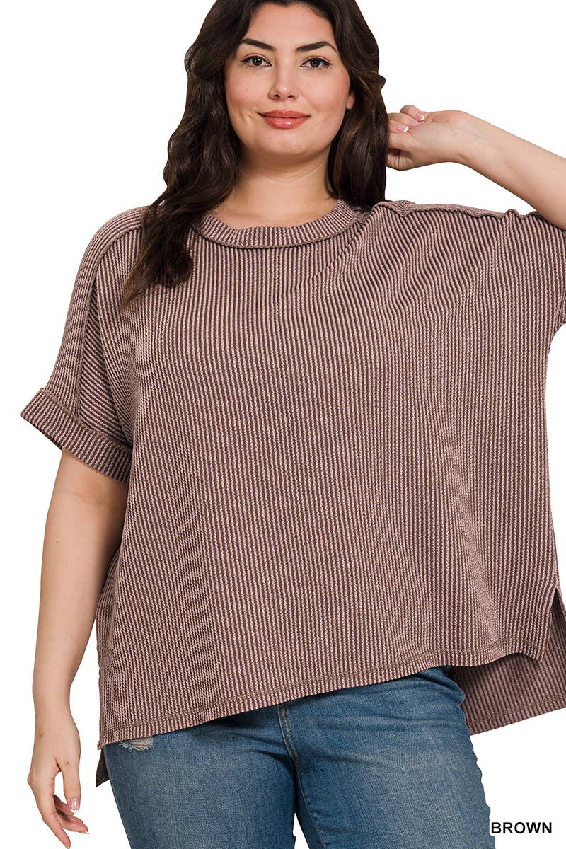 ...0711 Plus Corded Rib Cuff Sleeve Raw Edge Top SI-27250