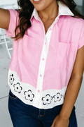 Hollow-Out Floral Contrast Patchwork Button Up Shirt (S-Xl)
