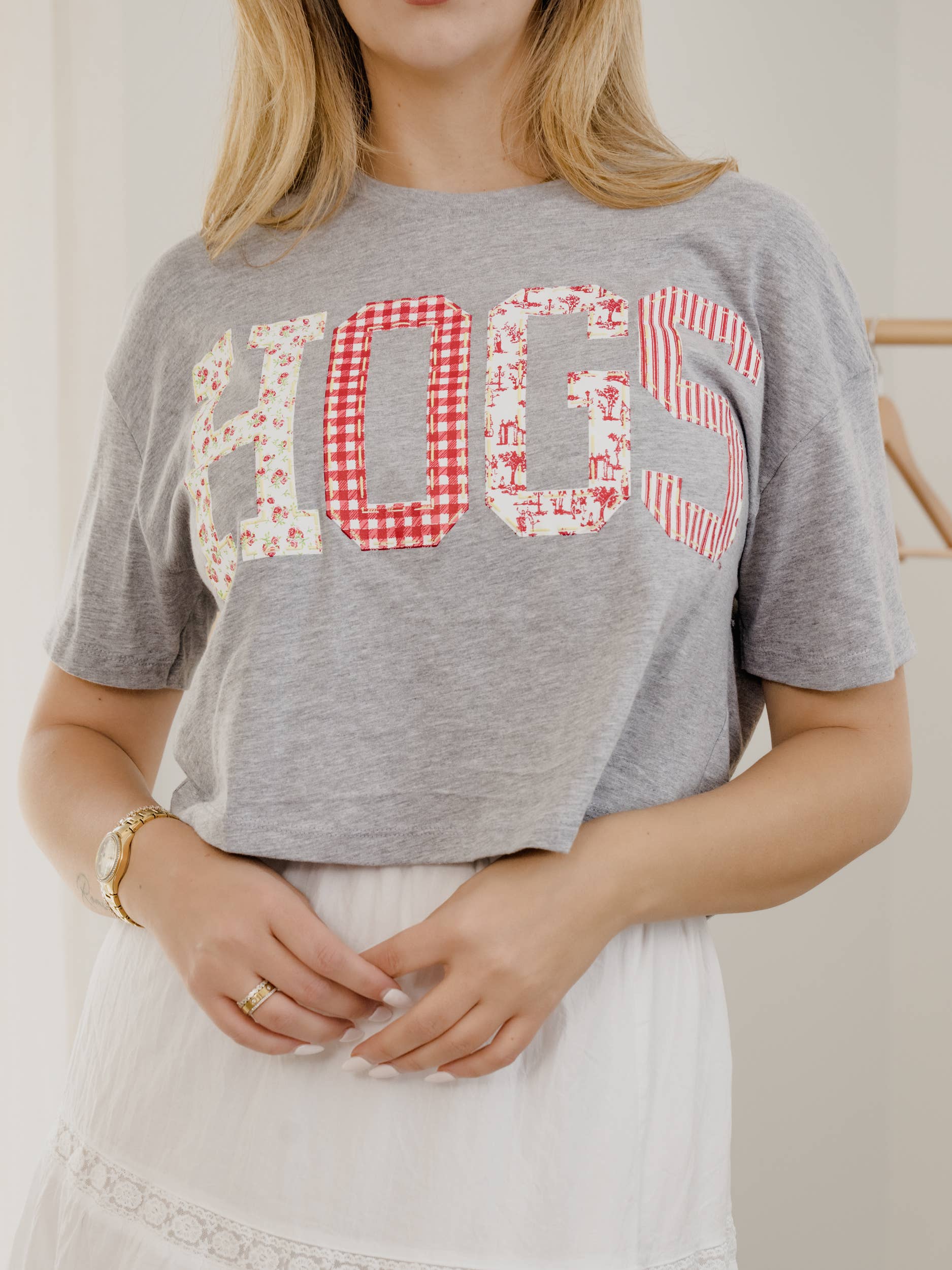 Arkansas Razorbacks Hogs Quilted Puff Ink Gray Cropped Tee