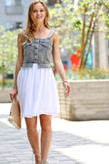 .SI-23012 Back Smocking Washed Denim Contrast Swiss Dot Dress